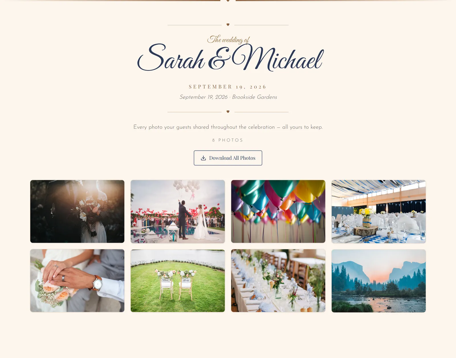 A couple's private wedding photo gallery, populated with photos guests uploaded during the reception