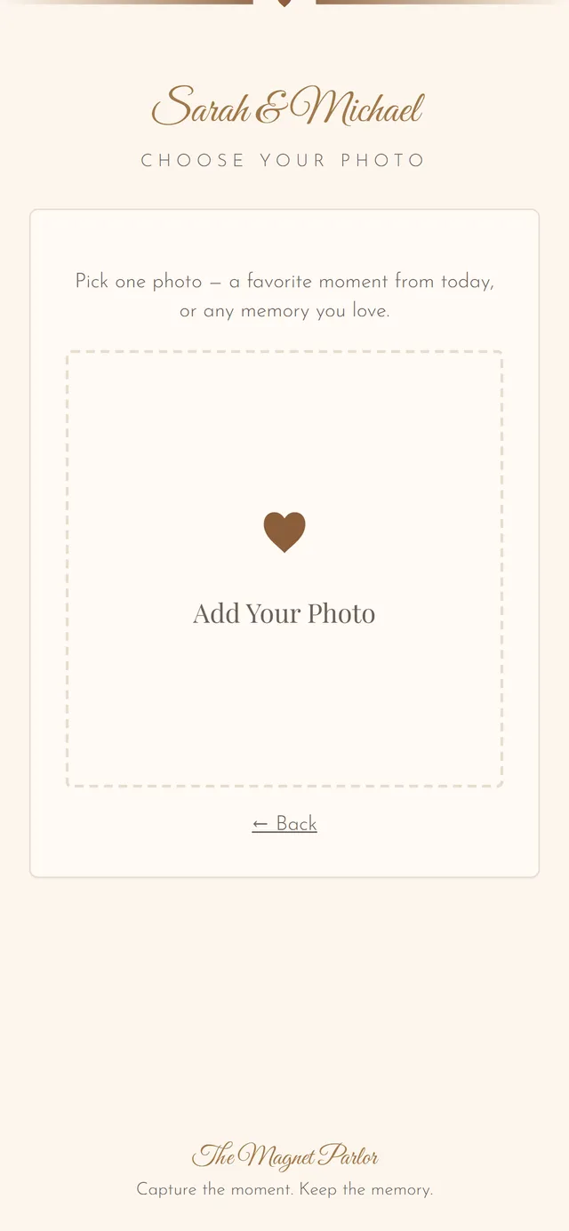 The photo upload screen where a guest picks a photo from their night