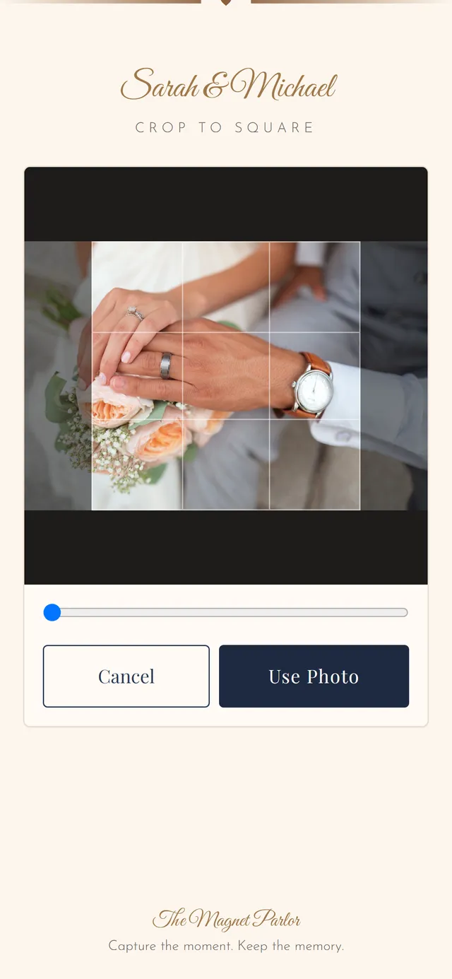 The crop screen showing a couple's photo being framed to a square magnet